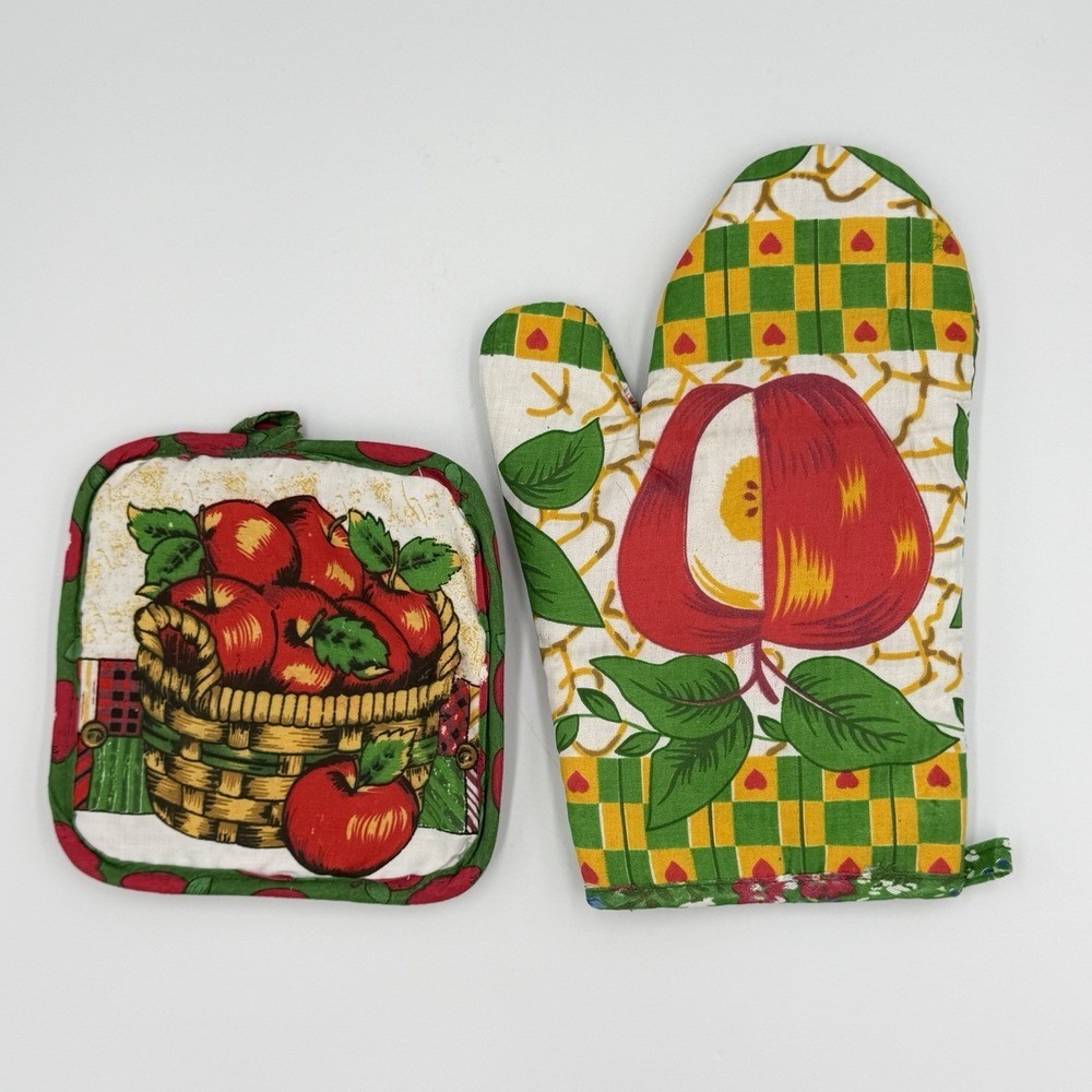 VTG Apple‎ Kitchen Oven Mitt Potholder Set Cottagecore Farmhouse Country 80s